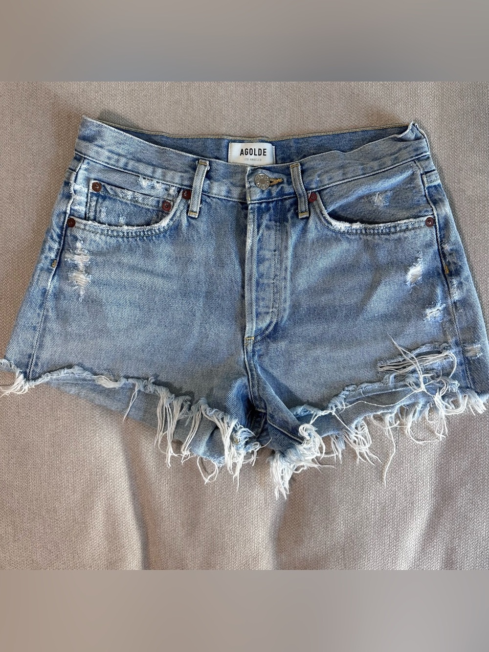 Agolde Light Wash Distressed Denim Shorts
